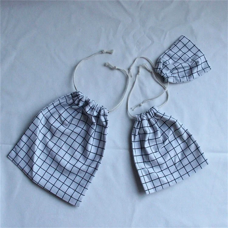 TZ 3Pcs / Set Grids Design Cotton Linen Drawstring Bags Home Travel Reusable Container Storage Bag - Brown