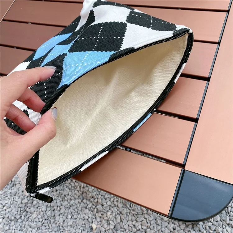 TZ Checkered Canvas Cosmetic Storage Bag Large Capacity Makeup Pouch Pen Coin Purse Handbag - Three Color