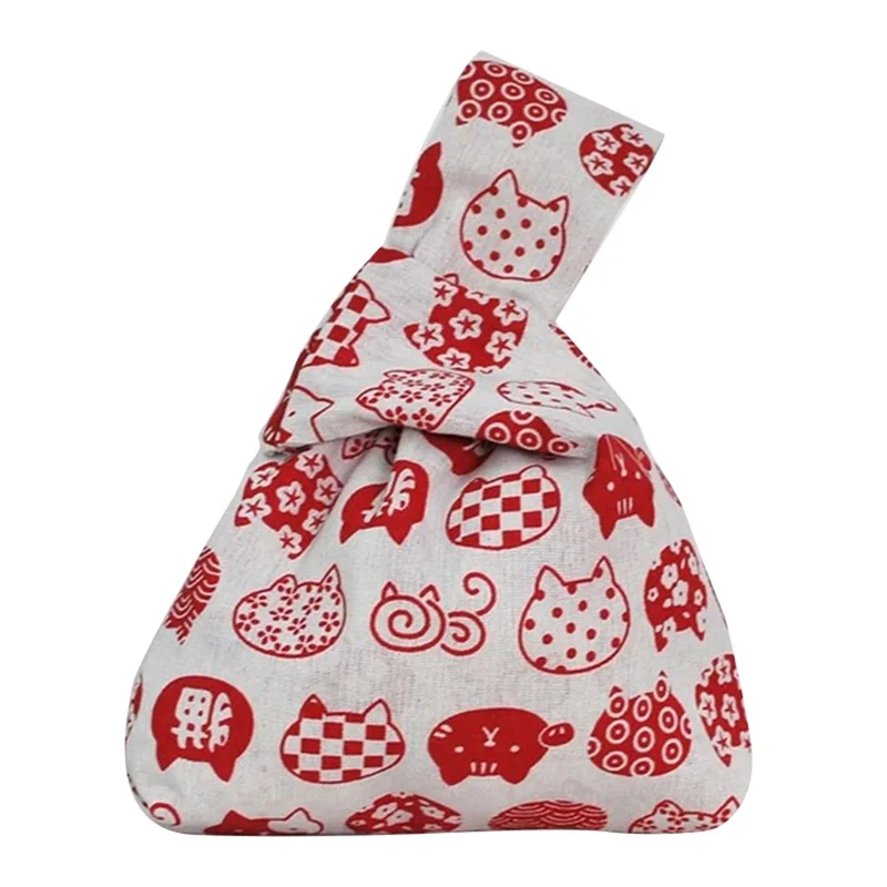 TZ Japanese Style Canvas Handbag Cute Pattern Portable Purse Tote Wrist Bag for Ladies, Girls - White / Red Cat