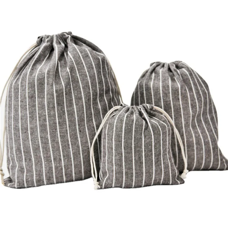 3Pcs / Set Drawstring Storage Bags Stripe Pattern Cotton Linen Pouches Travel Organizer - Coffee