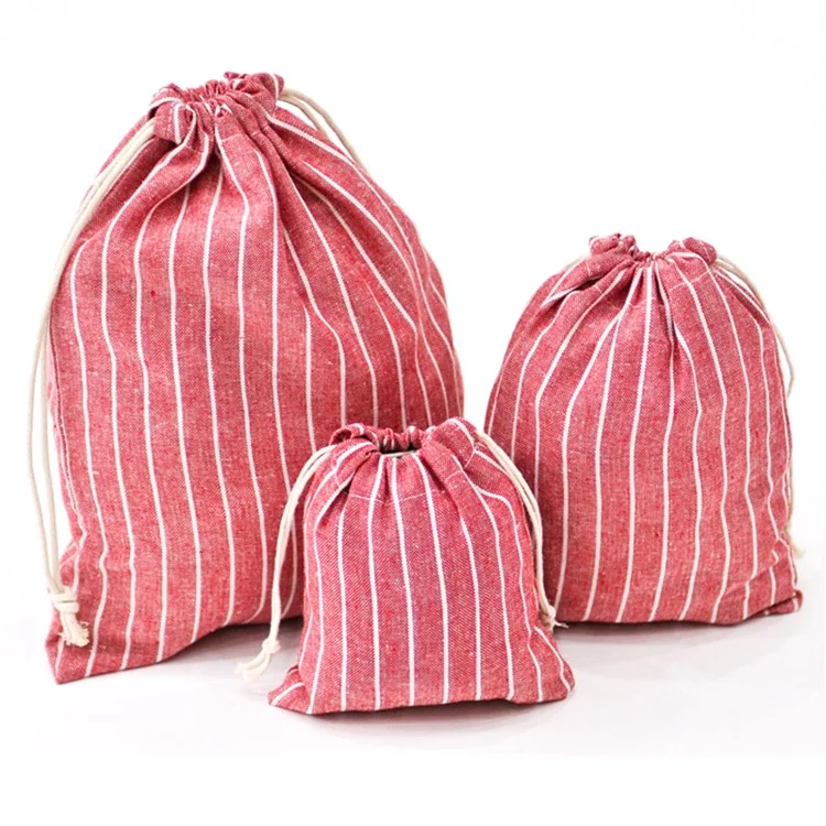 3Pcs / Set Drawstring Storage Bags Stripe Pattern Cotton Linen Pouches Travel Organizer - Red