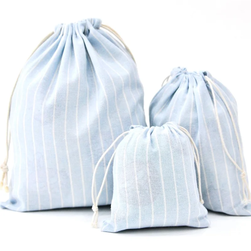3Pcs / Set Drawstring Storage Bags Stripe Pattern Cotton Linen Pouches Travel Organizer - Baby Blue