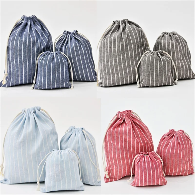 3Pcs / Set Drawstring Storage Bags Stripe Pattern Cotton Linen Pouches Travel Organizer - Baby Blue