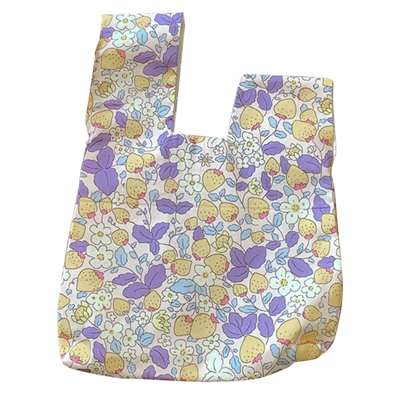 Bolsa de Moedas de Algodão e Linho Pequena com Padrão Fofo de Morango / Coelho para Senhoras e Meninas - Folha Roxa + Morango Amarelo