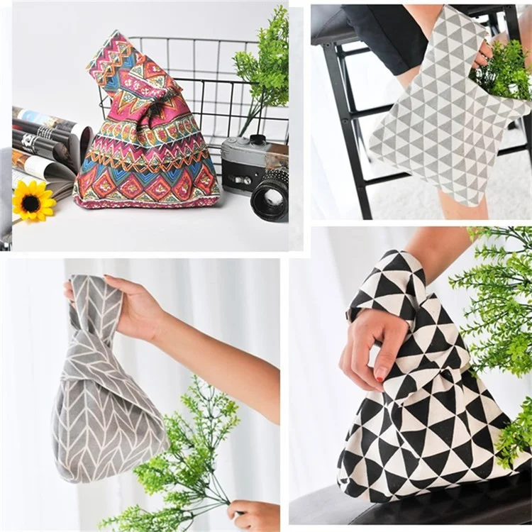 TZ Japanese Style Portable Purse Wrist Bag Fashionable Pattern Canvas Tote Handbag - Wheat