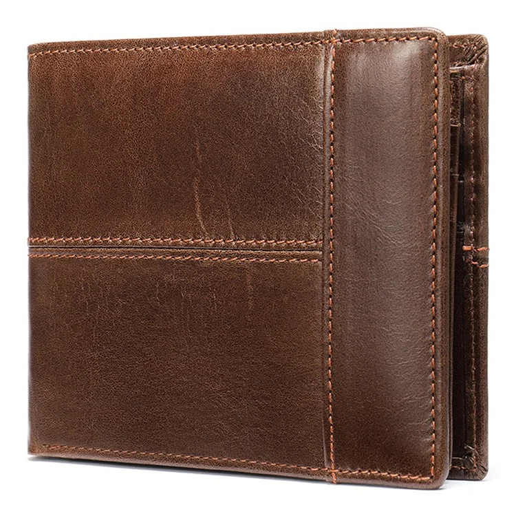 RFID Blocking Men's Wallet Top-Layer Cowhide Leather Clutch Purse Hand Bag Card Holder Billfold - Dark Brown
