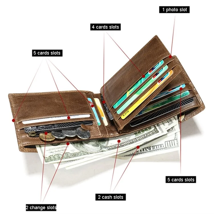 RFID Blocking Men's Wallet Top-Layer Cowhide Leather Clutch Purse Hand Bag Card Holder Billfold - Dark Brown