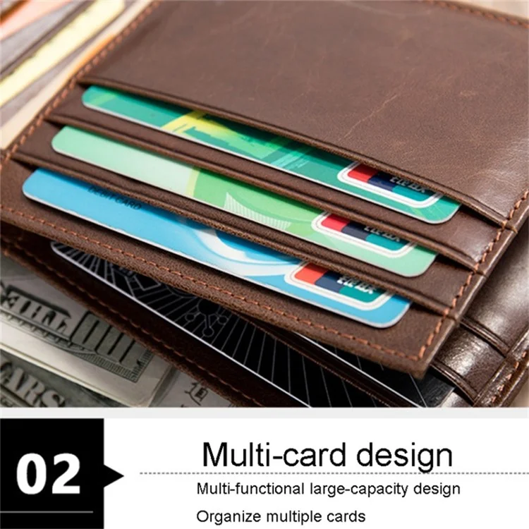 RFID Blocking Men's Wallet Top-Layer Cowhide Leather Clutch Purse Hand Bag Card Holder Billfold - Dark Brown