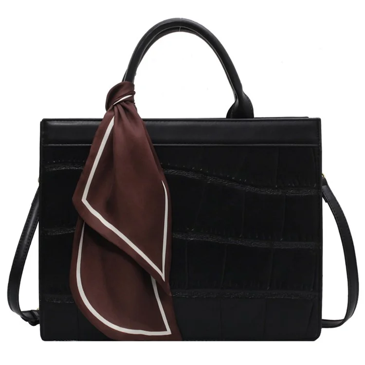 Crocodile Texture PU Leather Shoulder Bag Women Square Crossbody Tote Handbag with Scarf Decor, Size L - Black
