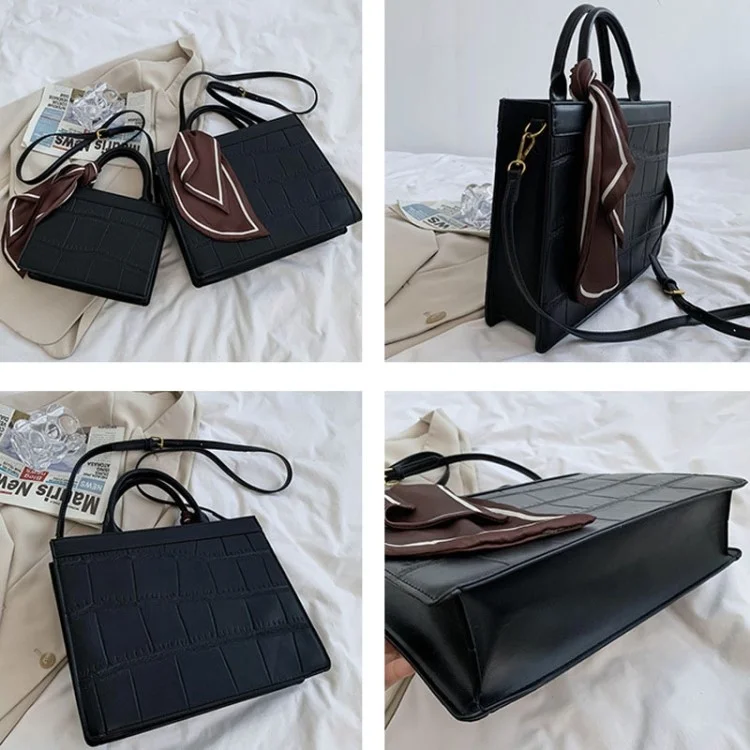 Crocodile Texture PU Leather Shoulder Bag Women Square Crossbody Tote Handbag with Scarf Decor, Size L - Black
