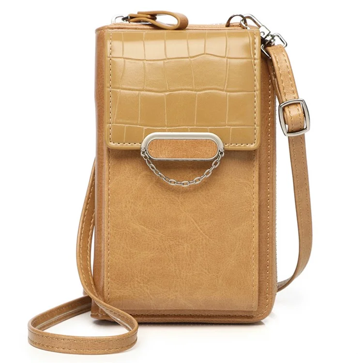 Pochette de transport pour téléphone pour femmes, texture de crocodile, cuir PU, fermeture éclair, petit sac bandoulière - Abricot