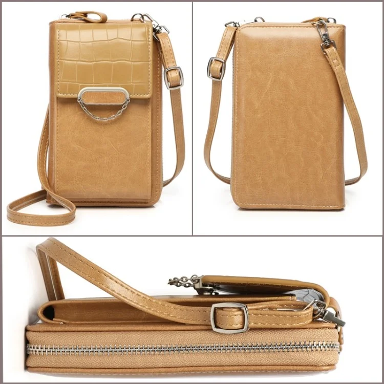Pochette de transport pour téléphone pour femmes, texture de crocodile, cuir PU, fermeture éclair, petit sac bandoulière - Abricot