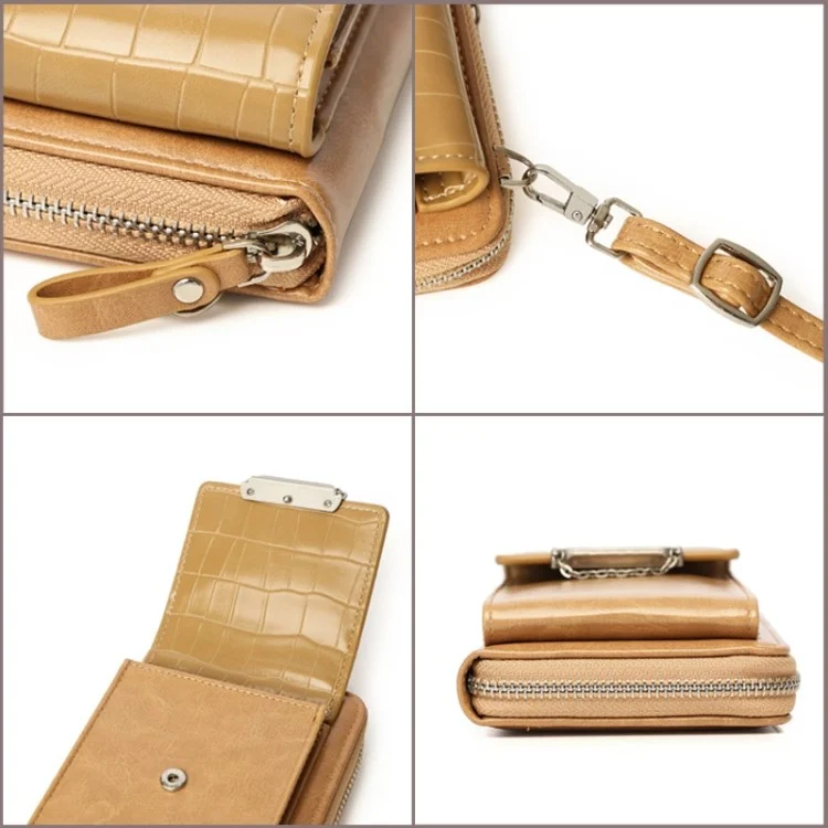 Pochette de transport pour téléphone pour femmes, texture de crocodile, cuir PU, fermeture éclair, petit sac bandoulière - Abricot