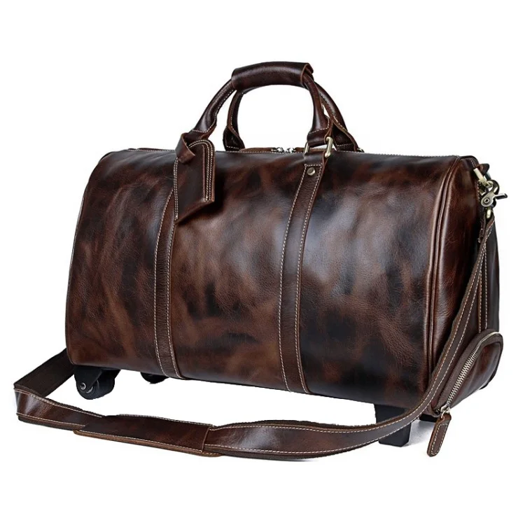 Retro Genuine Cow Leather Trolly Bag for Traveling Men Tote Shoulder Bag with Wheels