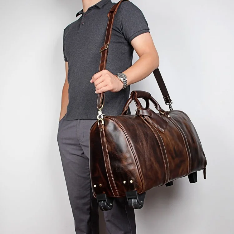 Retro Genuine Cow Leather Trolly Bag for Traveling Men Tote Shoulder Bag with Wheels