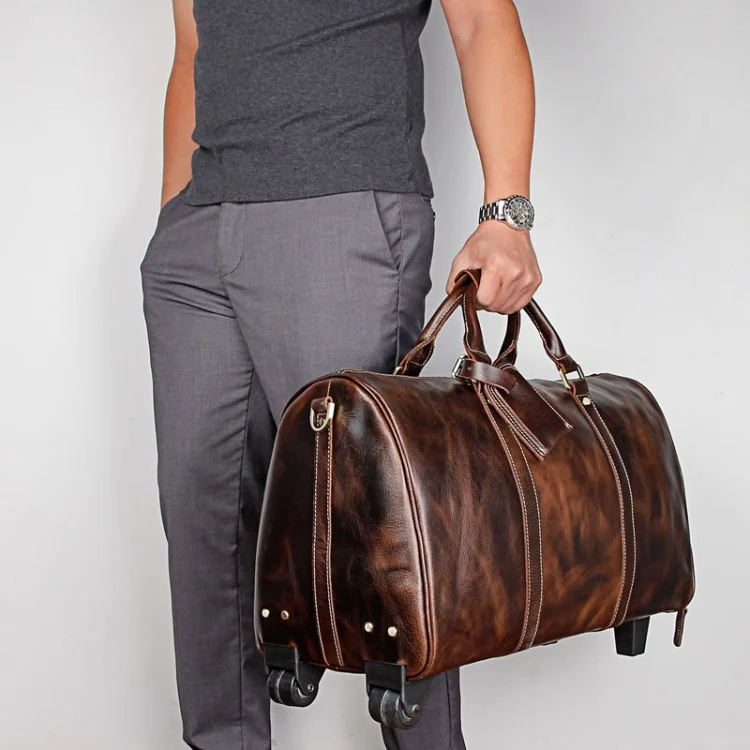 Retro Genuine Cow Leather Trolly Bag for Traveling Men Tote Shoulder Bag with Wheels