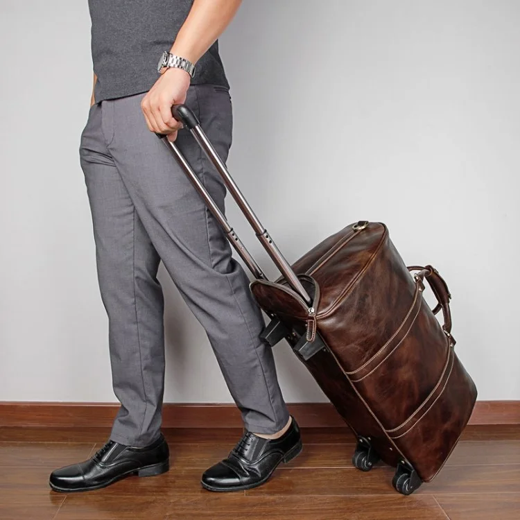 Retro Genuine Cow Leather Trolly Bag for Traveling Men Tote Shoulder Bag with Wheels