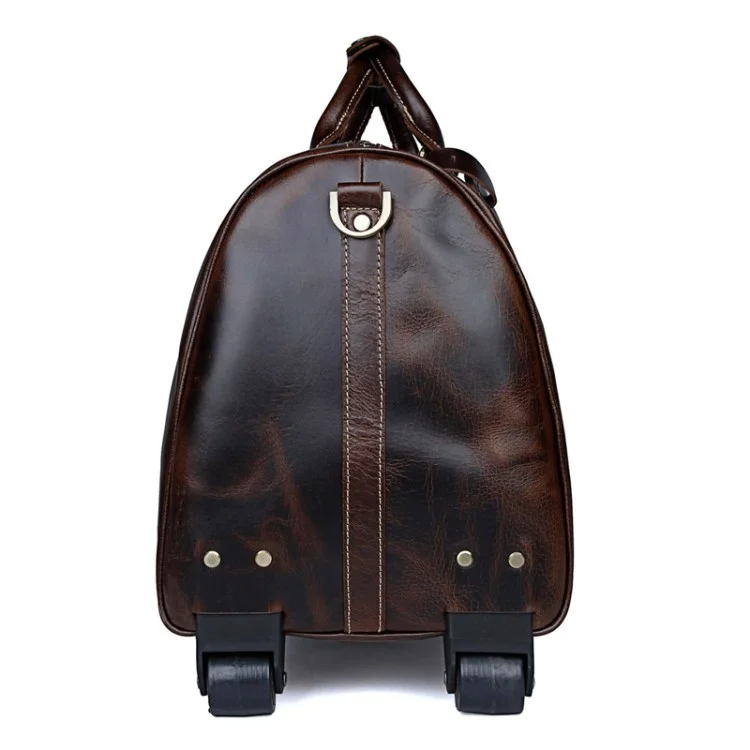 Retro Genuine Cow Leather Trolly Bag for Traveling Men Tote Shoulder Bag with Wheels