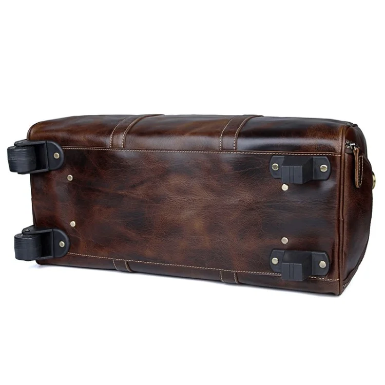 Retro Genuine Cow Leather Trolly Bag for Traveling Men Tote Shoulder Bag with Wheels