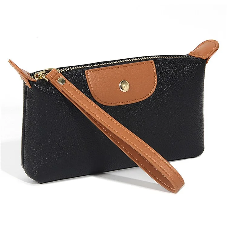 2314 Women Long Purse Top Layer Cowhide Leather Cellphone Clutch with Wrist Strap - Black
