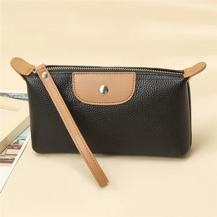 2314 Women Long Purse Top Layer Cowhide Leather Cellphone Clutch with Wrist Strap - Black
