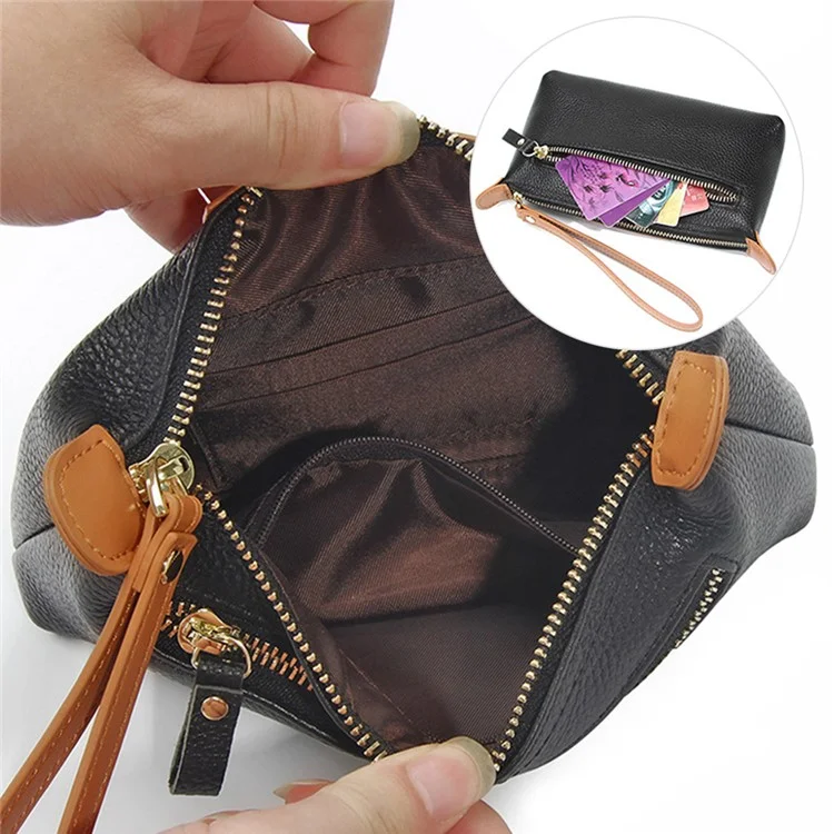 2314 Women Long Purse Top Layer Cowhide Leather Cellphone Clutch with Wrist Strap - Black