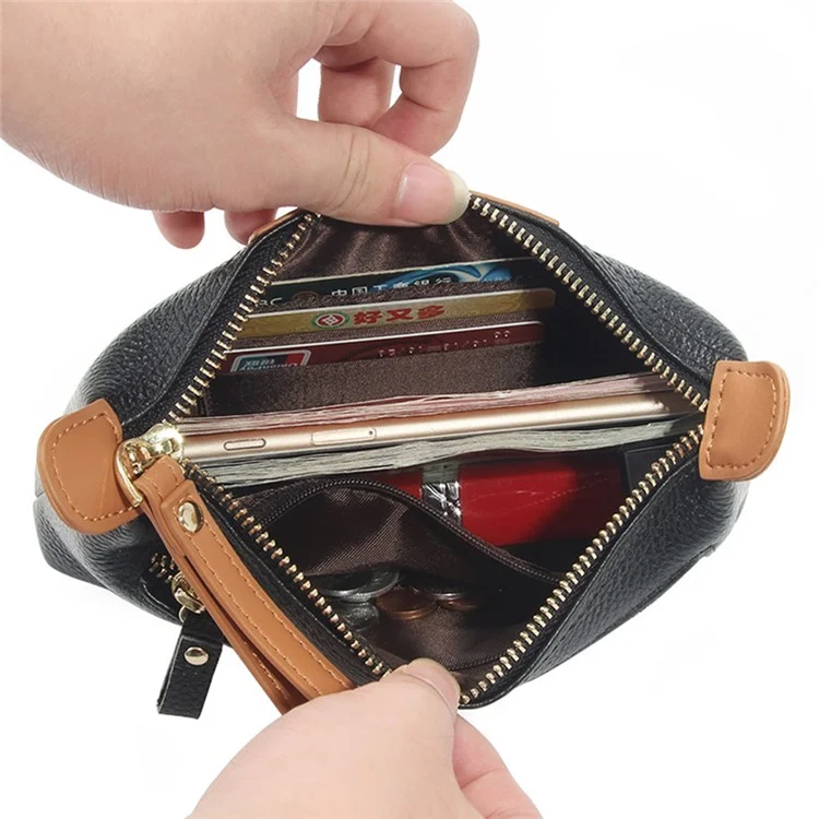 2314 Women Long Purse Top Layer Cowhide Leather Cellphone Clutch with Wrist Strap - Black