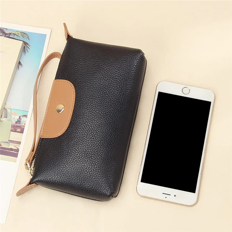 2314 Women Long Purse Top Layer Cowhide Leather Cellphone Clutch with Wrist Strap - Black