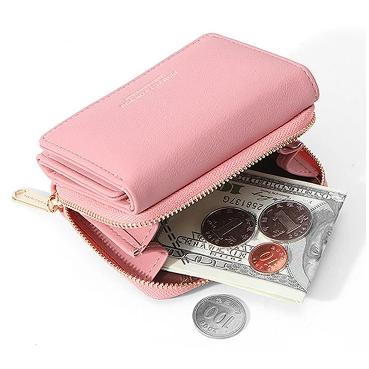 PERFECT FOR YOU 6905-014 Tri-fold Short Wallet PU Leather Zipper Coin Purse for Women - Pink