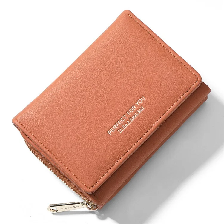PERFECT FOR YOU 6905-014 Tri-fold Short Wallet PU Leather Zipper Coin Purse for Women - Brown