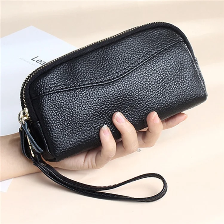 262 Double Layer Split Leather Long Purse Women Cellphone Holder Clutch with Wrist Strap - Black