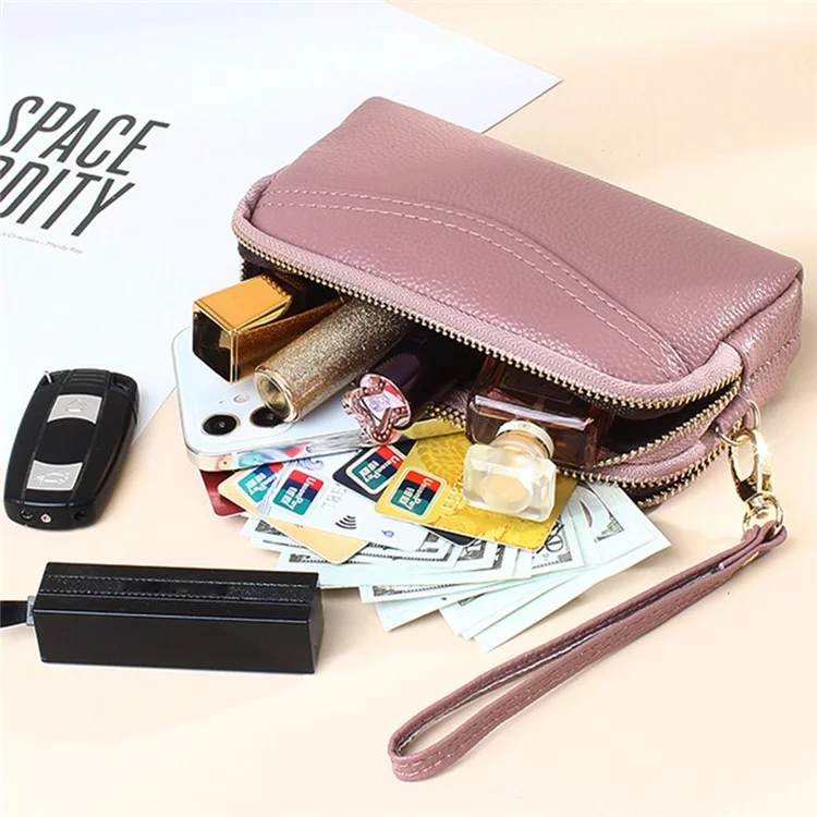 262 Double Layer Split Leather Long Purse Women Cellphone Holder Clutch with Wrist Strap - Black