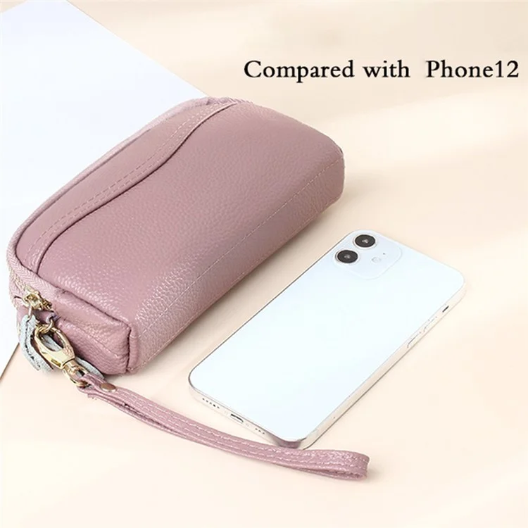 262 Double Layer Split Leather Long Purse Women Cellphone Holder Clutch with Wrist Strap - Black