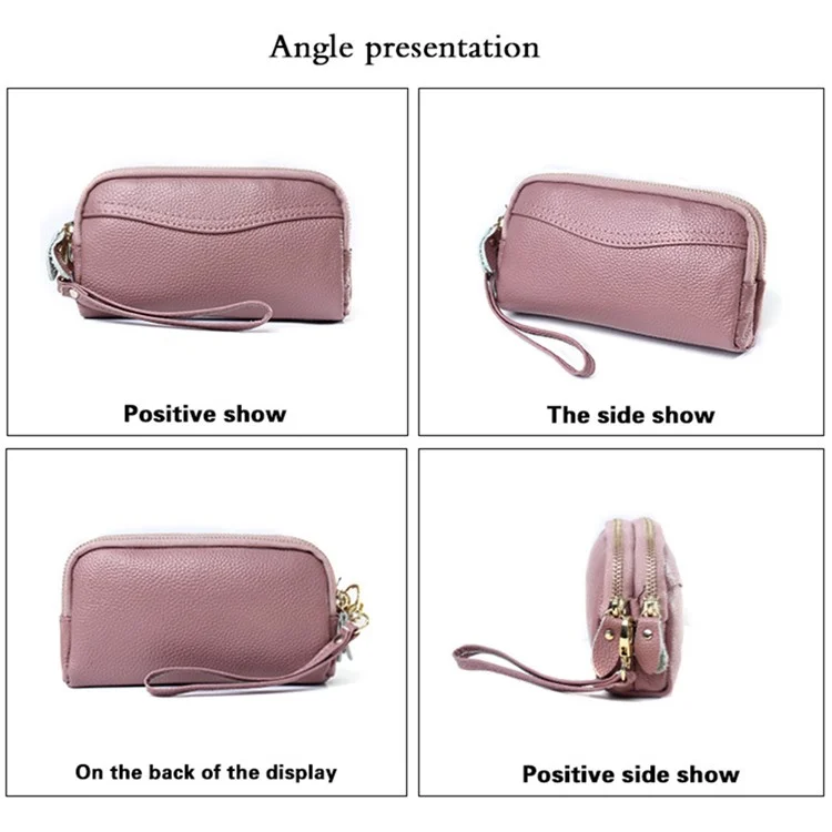 262 Double Layer Split Leather Long Purse Women Cellphone Holder Clutch with Wrist Strap - Black