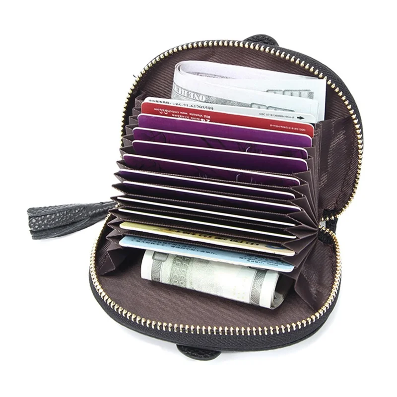 6289 Cute Elephant Design Organ Card Bag Top Layer Cowhide Leather Women Zipper Coin Purse with Tassel Zipper - Black