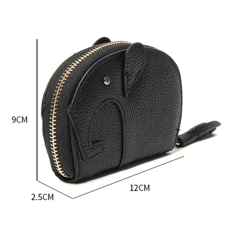 6289 Cute Elephant Design Organ Card Bag Top Layer Cowhide Leather Women Zipper Coin Purse with Tassel Zipper - Black