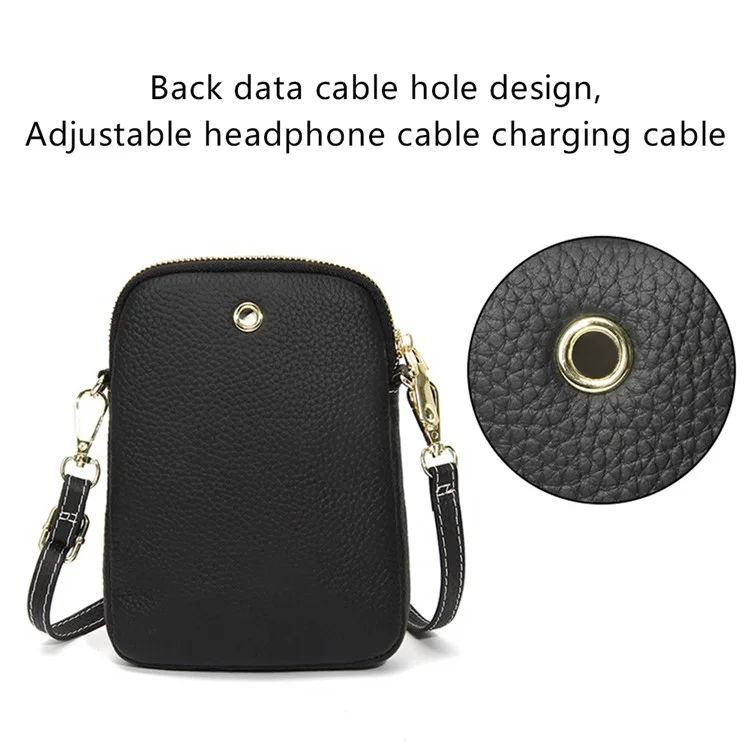 S9925 Cellphone Holder Small Crossbody Bag Top Layer Cowhide Leather Shoulder Bag - Schwarz