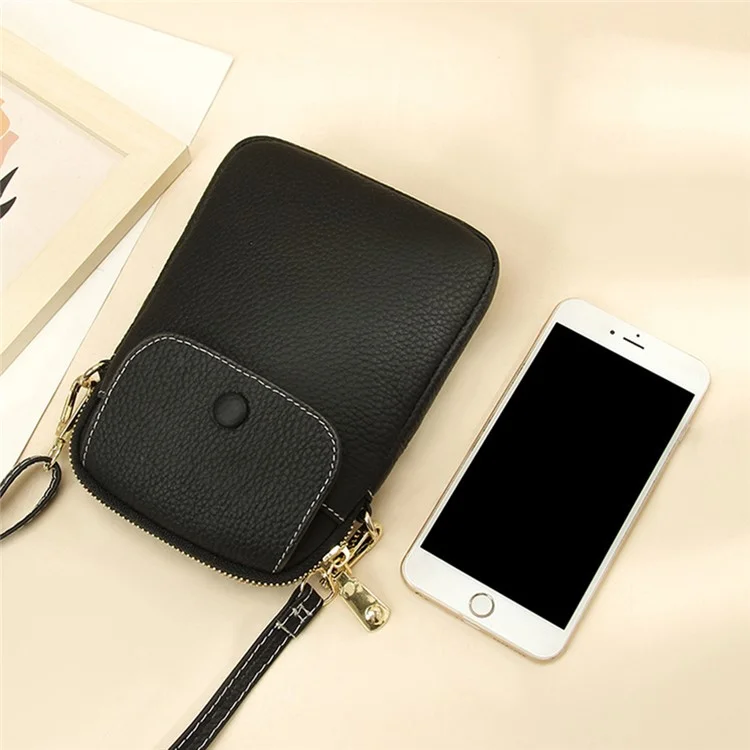 S9925 Cellphone Holder Small Crossbody Bag Top Layer Cowhide Leather Shoulder Bag - Schwarz