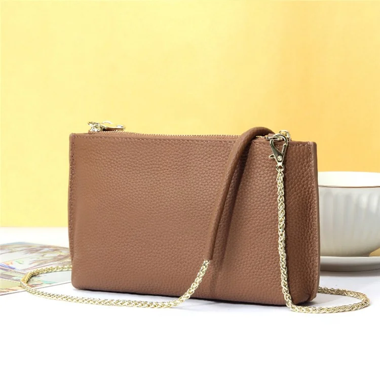 669 Zipper Top-Layer Cowhide Leather Wallet Clutch Purse Chain Strap Crossbody Shoulder Bag Handbag - Coffee