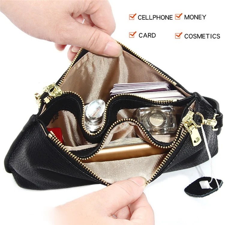 669 Zipper Top-Layer Cowhide Leather Wallet Clutch Purse Chain Strap Crossbody Shoulder Bag Handbag - Coffee