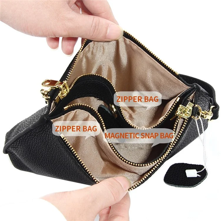 669 Zipper Top-Layer Cowhide Leather Wallet Clutch Purse Chain Strap Crossbody Shoulder Bag Handbag - Coffee