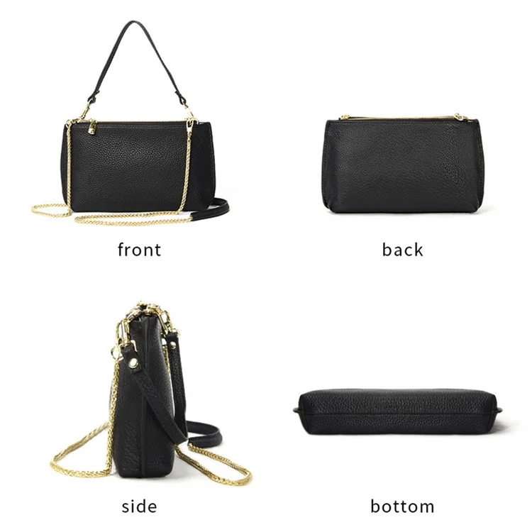 669 Zipper Top-Layer Cowhide Leather Wallet Clutch Purse Chain Strap Crossbody Shoulder Bag Handbag - Coffee