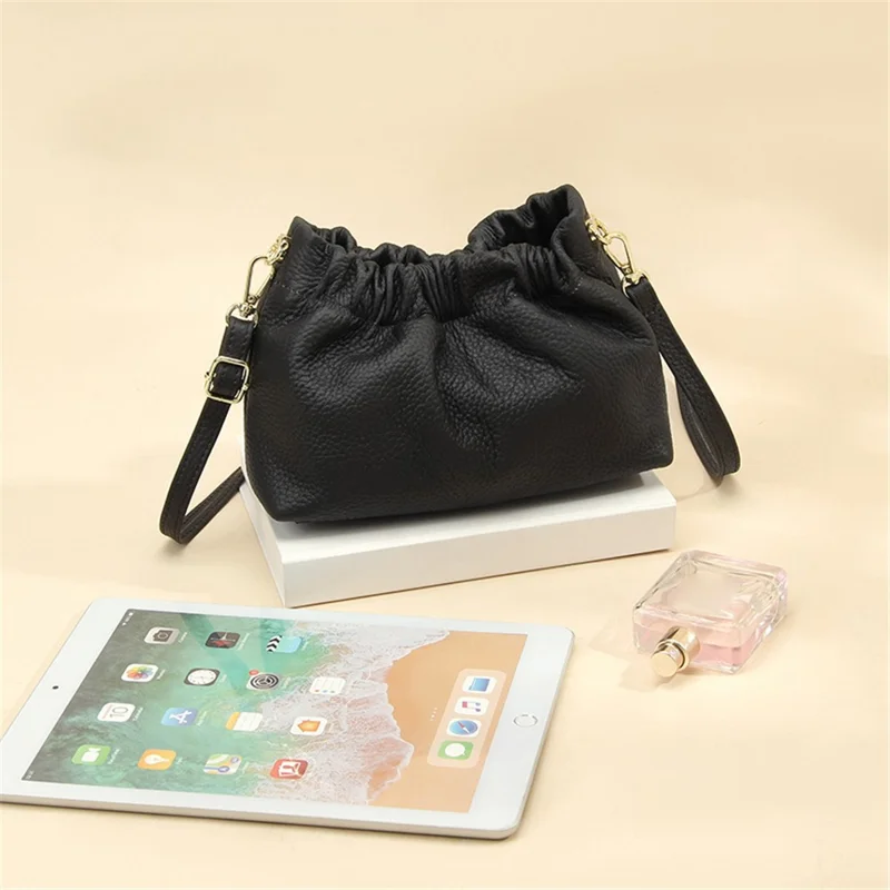 9953 Stylish Pleated Design First Layer Cowhide Women Single Shoulder Crossbody Bag - Black
