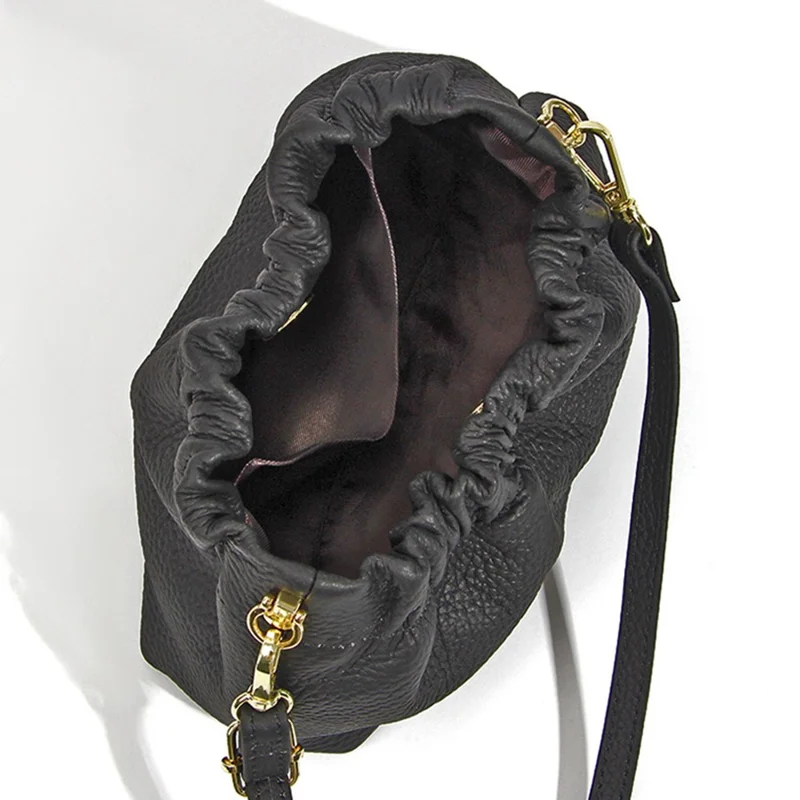 9953 Stylish Pleated Design First Layer Cowhide Women Single Shoulder Crossbody Bag - Black