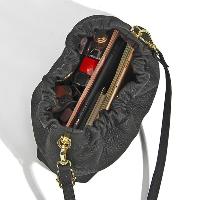 9953 Stylish Pleated Design First Layer Cowhide Women Single Shoulder Crossbody Bag - Black