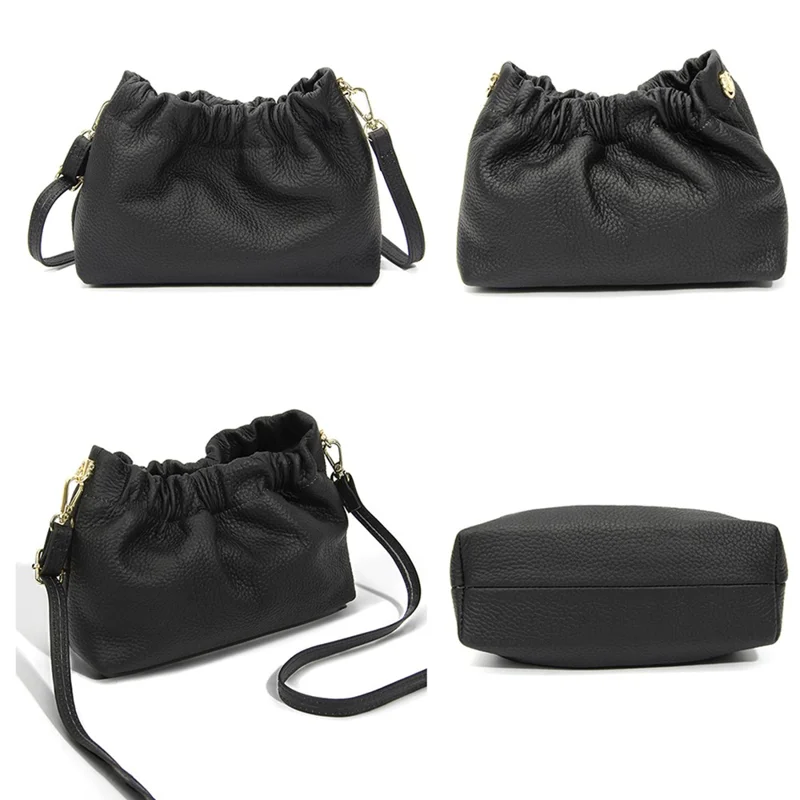 9953 Stylish Pleated Design First Layer Cowhide Women Single Shoulder Crossbody Bag - Black