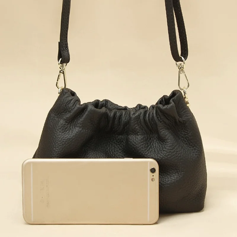 9953 Stylish Pleated Design First Layer Cowhide Women Single Shoulder Crossbody Bag - Black