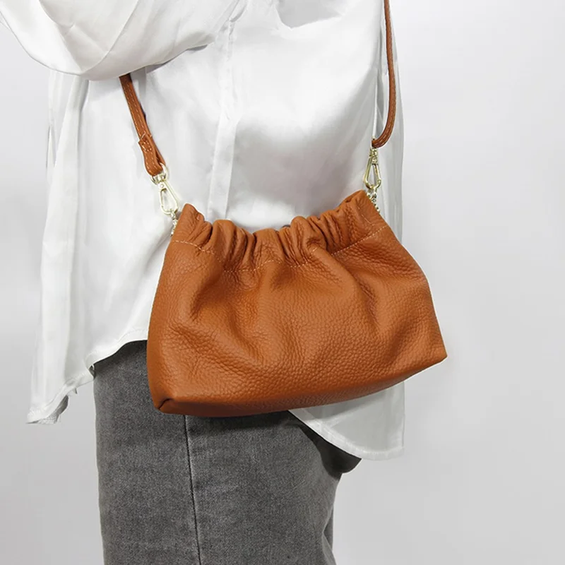 9953 Stylish Pleated Design First Layer Cowhide Women Single Shoulder Crossbody Bag - Black