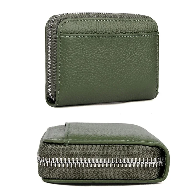 FQ557 RFID Blocking Organ Card Bag Top Layer Cowhide Leather Women Zipper Coin Purse - Verde