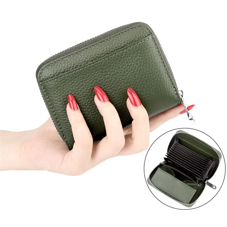 FQ557 RFID Blocking Organ Card Bag Top Layer Cowhide Leather Women Zipper Coin Purse - Verde